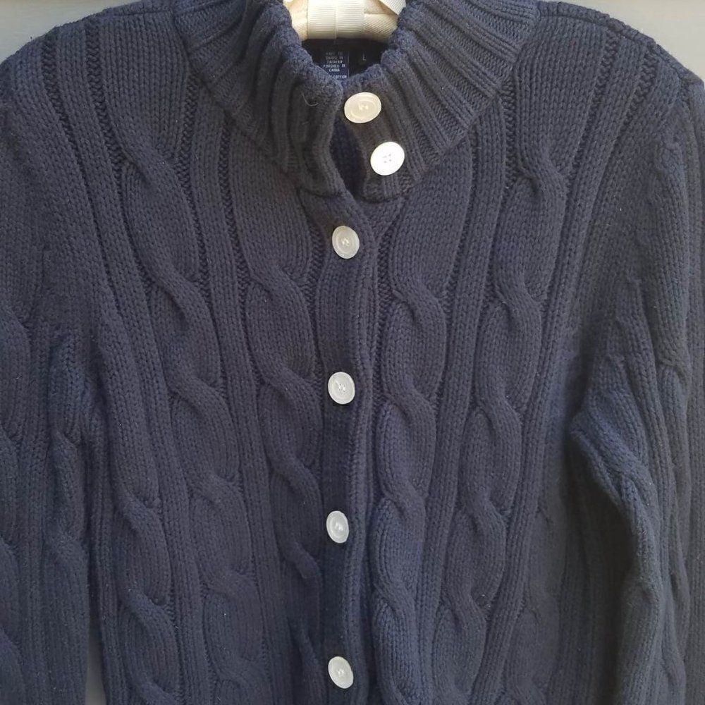 Chaps Navy Chunky Cable Knit Cardigan Sweater with White Buttons Size Large - Picture 7 of 9